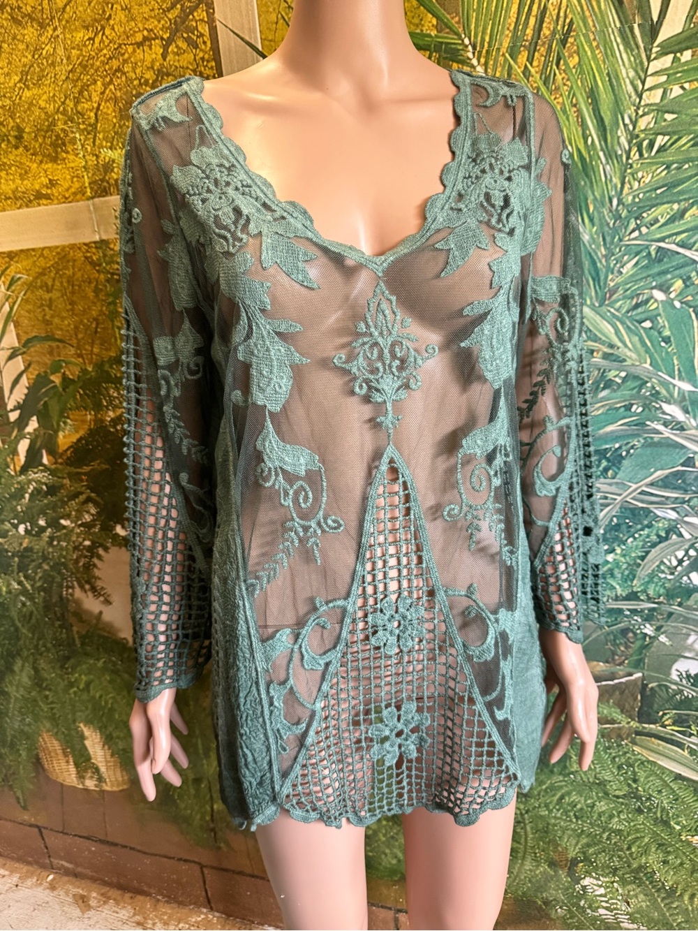 Pretty Angel Teal Green Sheer Embroidered Lace Large Tunic Top